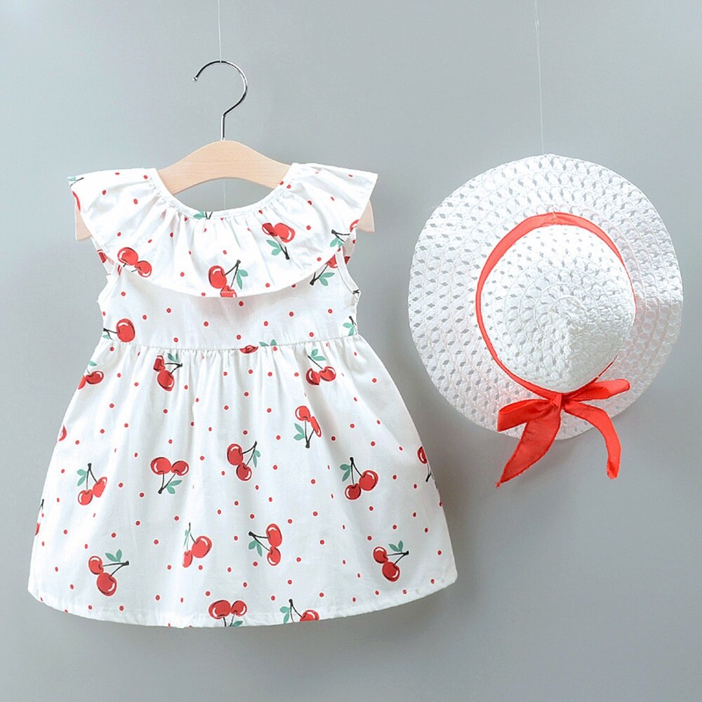 New Baby Girl Clothes Dress Hat Beach Cherry Bow